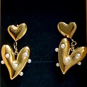 Gold Heart Pearl Stud Earrings